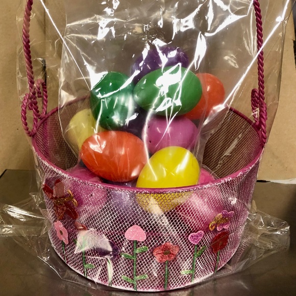 Pink Wire Basket & Plastic Eggs, Glittered Flower Appliqués, 14 2-piece eggs - Picture 1 of 7